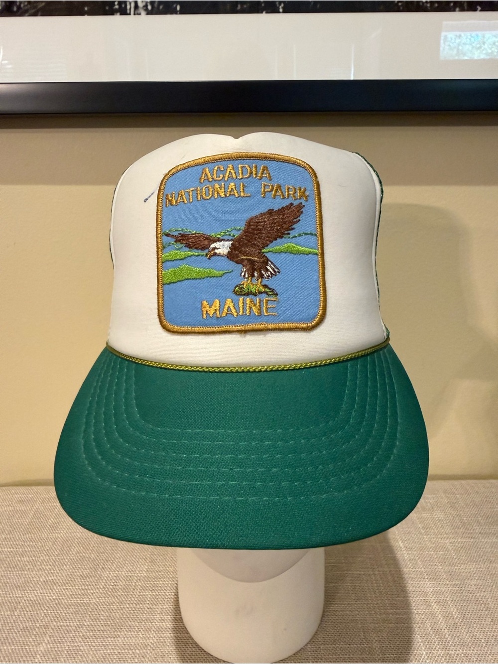 Vintage Nanco Acadia National Park Maine Trucker Hat Green White Mesh Snapback